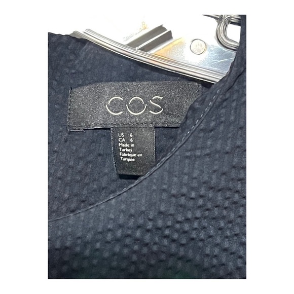 COS Tricot Crepe Puff Sleeve Pocket Shift Dress Navy Textured Knee Length Small - Picture 5 of 8